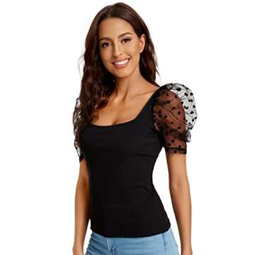 Verdusa Sheer Puff Sleeve Square Neck Top for Women