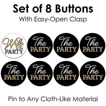 Big Dot of Happiness Wife of The Party - 3 inch Black and Gold Bachelorette Party Badge - Pinback Buttons - Set of 8