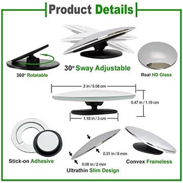 Blind Spot Mirror, 2" Round HD Glass Frameless Convex Rear View Mirror 360° Adjustable Wide Angle Adhesive Rearview Mirrors for All Vehicles Car Van SUV Trailer – 2 Pieces