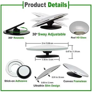 Blind Spot Mirror, 2" Round HD Glass Frameless Convex Rear View Mirror 360° Adjustable Wide Angle Adhesive Rearview Mirrors for All Vehicles Car Van SUV Trailer – 2 Pieces