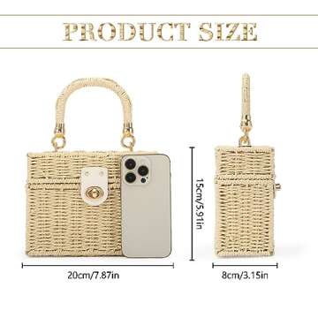 Fecialy Women Handwoven Rattan Handbag Beach Straw Tote Bag Square Boho Crossbody Bag, Beige