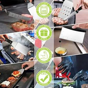 HaSteeL Griddle Grill Accessories 16PCS, Metal Spatula Stainless Steel with Carrying Bag, Professional BBQ Griddle Tools Kit for All Your Grilling Needs - Teppanyaki Flat Top Cooking and Camping