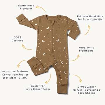 MakeMake Organics GOTS Organic Cotton Baby 2-Way Zip Romper Footies Infant Boys Girls Gender Neutral (Moonlight, 12-18M)