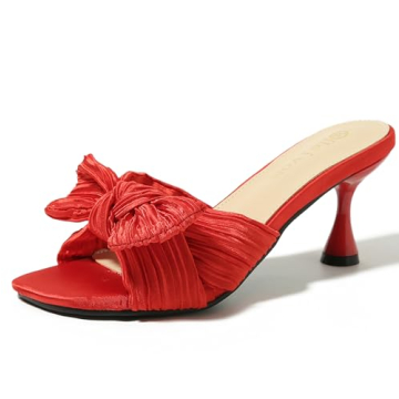 Heiyom Women's Bowknot Low Stilettos Heels Mules Sandals Slip on Pleated Bow Heels for Weddings and ...