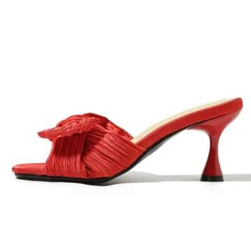 Heiyom Women's Bowknot Low Stilettos Heels Mules Sandals