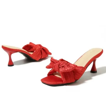 Heiyom Women's Bowknot Low Stilettos Heels Mules Sandals