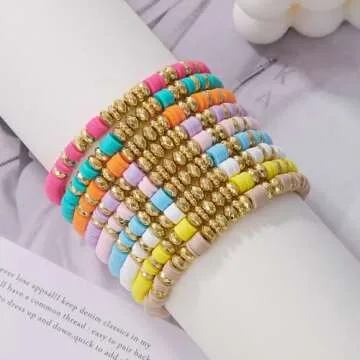Behrooci Friendship Bracelets Boho Stackable Bracelets for Women Surfer Heishi Clay Bead Bracelets Stretch Preppy Bracelets Colorful Boho Bracelets for Women (9pcs Colorful)