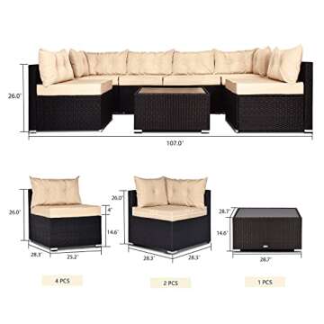 Allewie Patio Furniture Set 7 Pieces Outdoor Furniture with Seat Cushions and Tempered Glass Coffee ...
