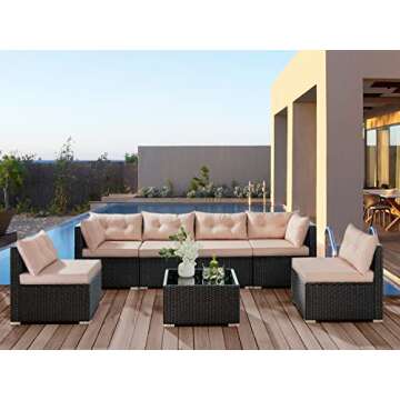 Allewie Patio Furniture Set 7 Pieces Outdoor Furniture with Seat Cushions and Tempered Glass Coffee Table, Wicker Patio Conversation Sets for Backyard, Porch, Balcony, Poolside, Khaki & Black