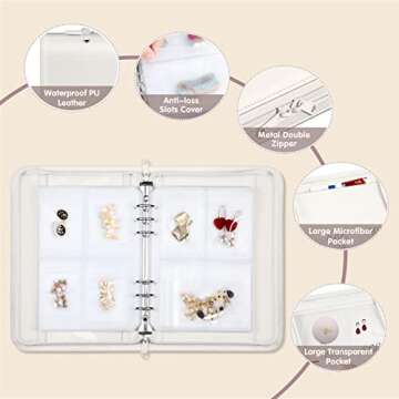 SKYREH Jewelry Travel Organizer Case, PU Leather Portable Jewelry Storage Book with Transparent Pockets Zipper Bag for Necklaces, Earrings, Bracelets(48 Grids+48 Thicken PVC Bags), Pearl White