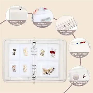 SKYREH Jewelry Travel Organizer Case, PU Leather Portable Jewelry Storage Book with Transparent Pockets Zipper Bag for Necklaces, Earrings, Bracelets(48 Grids+48 Thicken PVC Bags), Pearl White