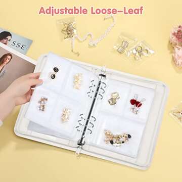 SKYREH Jewelry Travel Organizer Case, PU Leather Portable Jewelry Storage Book with Transparent Pockets Zipper Bag for Necklaces, Earrings, Bracelets(48 Grids+48 Thicken PVC Bags), Pearl White