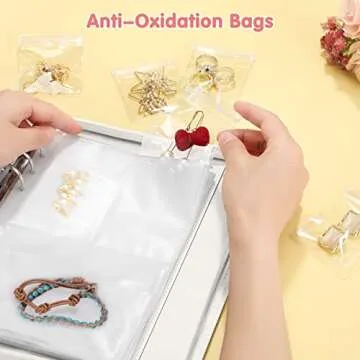 SKYREH Jewelry Travel Organizer Case, PU Leather Portable Jewelry Storage Book with Transparent Pockets Zipper Bag for Necklaces, Earrings, Bracelets(48 Grids+48 Thicken PVC Bags), Pearl White