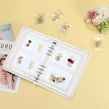 SKYREH Jewelry Travel Organizer Case, PU Leather Portable Jewelry Storage Book with Transparent Pockets Zipper Bag for Necklaces, Earrings, Bracelets(48 Grids+48 Thicken PVC Bags), Pearl White