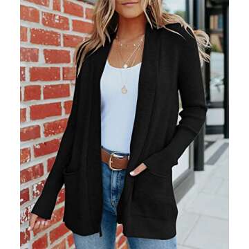 MEROKEETY Women's 2024 Fall Open Front Waffle Knit Cardigan Long Sleeve Cozy Knit Sweaters with Pockets, Black, Small