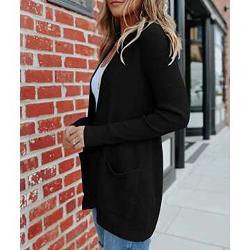 MEROKEETY Women's 2024 Fall Open Front Waffle Knit Cardigan Long Sleeve Cozy Knit Sweaters with Pockets, Black, Small