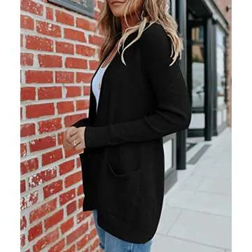 MEROKEETY Women's 2024 Fall Open Front Waffle Knit Cardigan Long Sleeve Cozy Knit Sweaters with Pockets, Black, Small