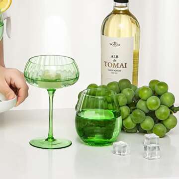 EVEREST GLOBAL 1 Pack Ribbed Coupe Cocktail Glasses 8.1 oz, Classic Manhattan Glasses For Cocktails Champagne, Ripple Coupe Glasses Stem Glassware, Prosecco, Martini, Cocktail, Green