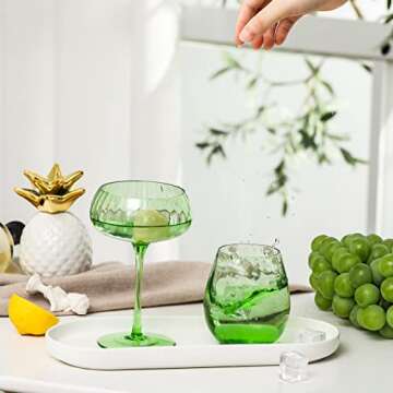 EVEREST GLOBAL 1 Pack Ribbed Coupe Cocktail Glasses 8.1 oz, Classic Manhattan Glasses For Cocktails Champagne, Ripple Coupe Glasses Stem Glassware, Prosecco, Martini, Cocktail, Green