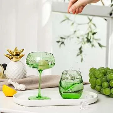 EVEREST GLOBAL 1 Pack Ribbed Coupe Cocktail Glasses 8.1 oz, Classic Manhattan Glasses For Cocktails Champagne, Ripple Coupe Glasses Stem Glassware, Prosecco, Martini, Cocktail, Green