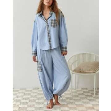 Luckinbaby Christmas Pajamas Set for Women Long Sleeve Button Down Shirt and Pants Plaid Print Pj Lo...