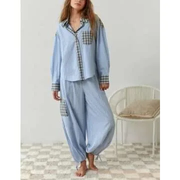 Luckinbaby Christmas Pajamas Set for Women Long Sleeve Button Down Shirt and Pants Plaid Print Pj Lo...