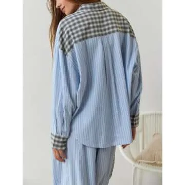 Luckinbaby Christmas Pajamas Set for Women Long Sleeve Button Down Shirt and Pants Plaid Print Pj Lounge Sleepwear Nightwear(Blue Striped Plaid,S)