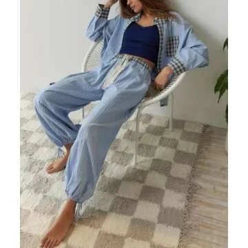 Luckinbaby Christmas Pajamas Set for Women Long Sleeve Button Down Shirt and Pants Plaid Print Pj Lounge Sleepwear Nightwear(Blue Striped Plaid,S)