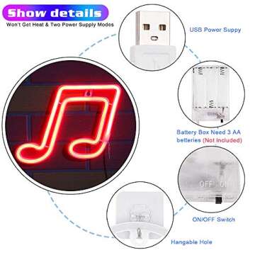 Red Music Neon Sign - LED Neon Signs for Wall Decor，Battery or USB Powered Neon Lights for Bedroom...