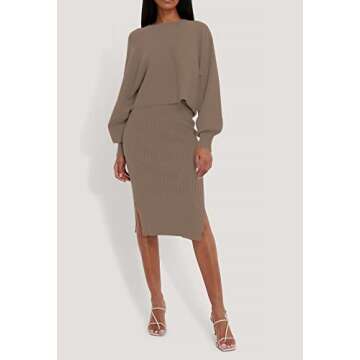 Pink Queen Women's 2 Piece Sweatsuit Sweater Outfit Set Batwing Sleeve Crop Top Wedding Pencil Knit Midi Dress Khaki M