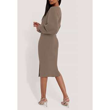 Pink Queen Women's 2 Piece Sweatsuit Sweater Outfit Set Batwing Sleeve Crop Top Wedding Pencil Knit Midi Dress Khaki M