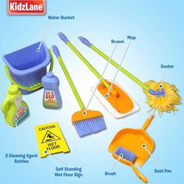 Kidzlane Kids Cleaning Toy Set - Toddler Cleaning Set with Realistic Broom, Mop, and Dustpan with Wet Floor Sign and Cleaning Tools - Kids Broom Set for Ages 3 and Up - Fun Playtime for Boys and Girls