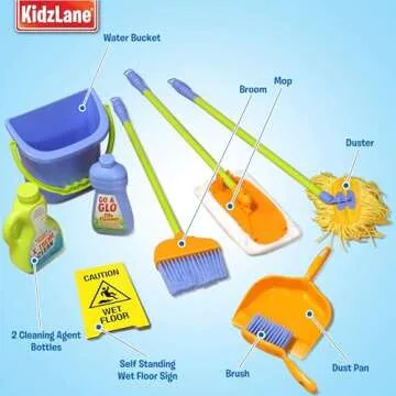 Kidzlane Kids Cleaning Toy Set - Toddler Cleaning Set with Realistic Broom, Mop, and Dustpan with Wet Floor Sign and Cleaning Tools - Kids Broom Set for Ages 3 and Up - Fun Playtime for Boys and Girls