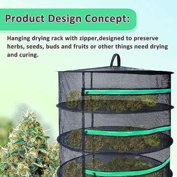Growsun 2ft Diameter 6 Layer Herb Drying Rack Plant Hanging Mesh Dry Net W/Green Zipper