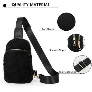 LALATCH 2024 Black Fleece Crossbody Sling Bag for Women, Small Sherpa Crossbody Bag Fanny Pack with Adjustable Strap Sling Bag Chest Bag for Traveling Walking