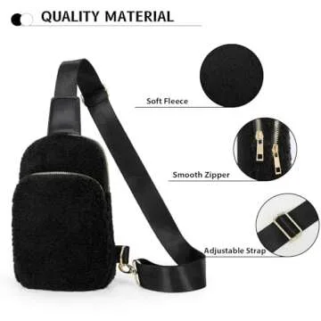LALATCH 2024 Black Fleece Crossbody Sling Bag for Women, Small Sherpa Crossbody Bag Fanny Pack with Adjustable Strap Sling Bag Chest Bag for Traveling Walking