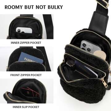 LALATCH 2024 Black Fleece Crossbody Sling Bag for Women, Small Sherpa Crossbody Bag Fanny Pack with Adjustable Strap Sling Bag Chest Bag for Traveling Walking
