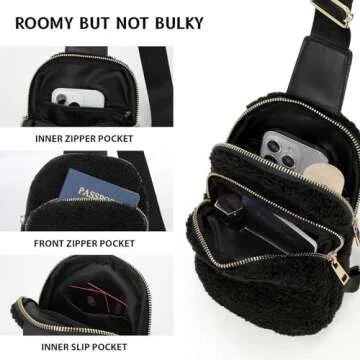 LALATCH 2024 Black Fleece Crossbody Sling Bag for Women, Small Sherpa Crossbody Bag Fanny Pack with Adjustable Strap Sling Bag Chest Bag for Traveling Walking