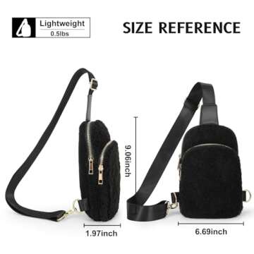 LALATCH 2024 Black Fleece Crossbody Sling Bag for Women, Small Sherpa Crossbody Bag Fanny Pack with Adjustable Strap Sling Bag Chest Bag for Traveling Walking