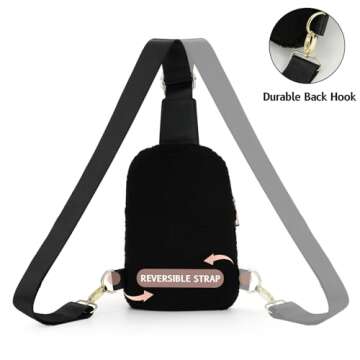 LALATCH 2024 Black Fleece Crossbody Sling Bag for Women, Small Sherpa Crossbody Bag Fanny Pack with Adjustable Strap Sling Bag Chest Bag for Traveling Walking