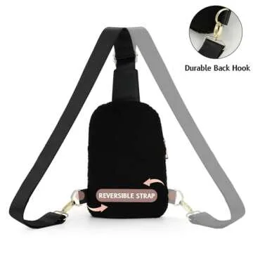 LALATCH 2024 Black Fleece Crossbody Sling Bag for Women, Small Sherpa Crossbody Bag Fanny Pack with Adjustable Strap Sling Bag Chest Bag for Traveling Walking