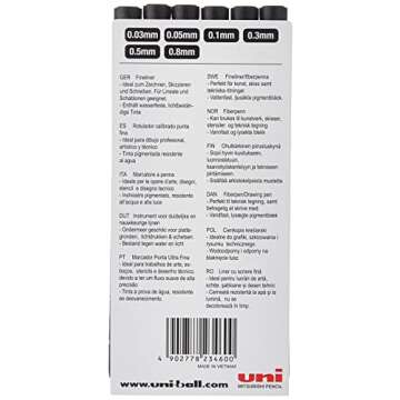 Uni Pin Fineliner Drawing Pen - Sketching Set - Black Ink - 0.03 to 0.8mm - Set of 6
