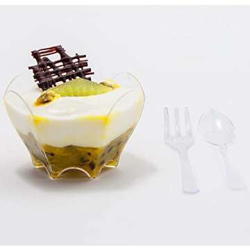 24 ct 2.3 oz Plastic Dessert Cups with Spoons AND Forks | Cute FLOWER SHAPE | Small Dessert Cups | F...