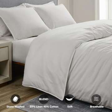 DAPU Linen Duvet Cover Set - French Linen Cotton Blend Natural Flax Soft Breathable Bedding 3 Pcs Se...