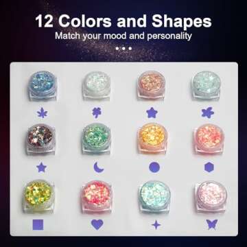 Glow in The Dark Body Glitter Gel, 12 Colors & Shapes Glitter Gel Makeup, UV Body Glitter for Women, Glow in The Dark Face Glitter Makeup Gel, Chunky Glitter Makeup for Party Rave Festival Accessories
