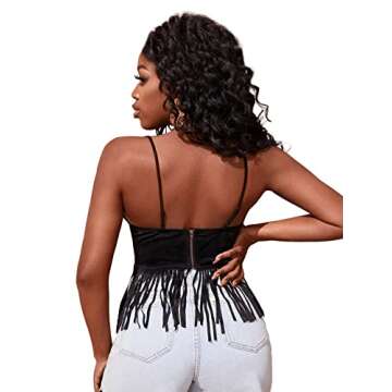 SweatyRocks Women's Sleeveless Tassel V Neck Cami Top Spaghetti Strap Beaded Crop Cami Tank Tops