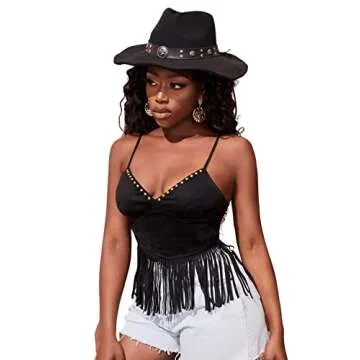 SweatyRocks Women's Sleeveless Tassel V Neck Cami Top Spaghetti Strap Beaded Crop Cami Tank Tops