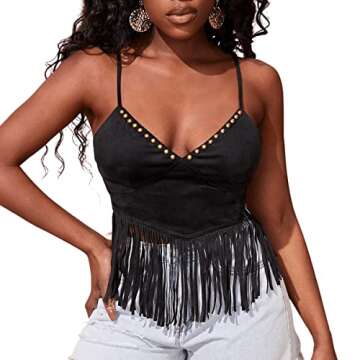 SweatyRocks Women's Sleeveless Tassel V Neck Cami Top Spaghetti Strap Beaded Crop Cami Tank Tops