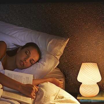 Mushroom Lamp,Glass Mushroom Bedside Table Lamps Purple Translucent Murano Vintage Style Striped Small Nightstand Desklamp Swirl Light for Home Decor, Dining, Living, Bedroom, Gift (Stripe Purple)