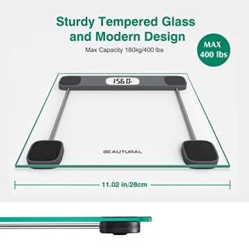 BEAUTURAL Digital Bathroom Scale for Body Weight, LCD Display, 400lb, 4 AAA Batteries and Tape Measure Included,Tempered Glass